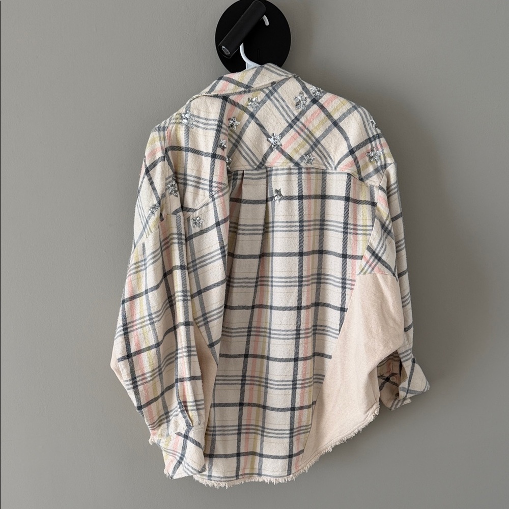 Free People Cream and Blue Plaid Shirt